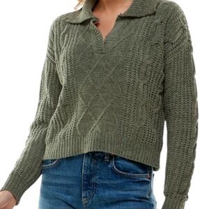 Love Flirt polo collar chenille Olive V-Neck Cable Knit Sweater